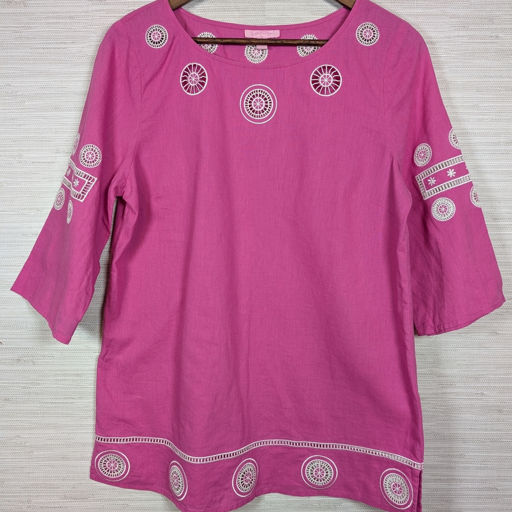 Lilly Pulitzer Linen Cotton Blend Pink White 3/4 Sleeve Tunic Size 10